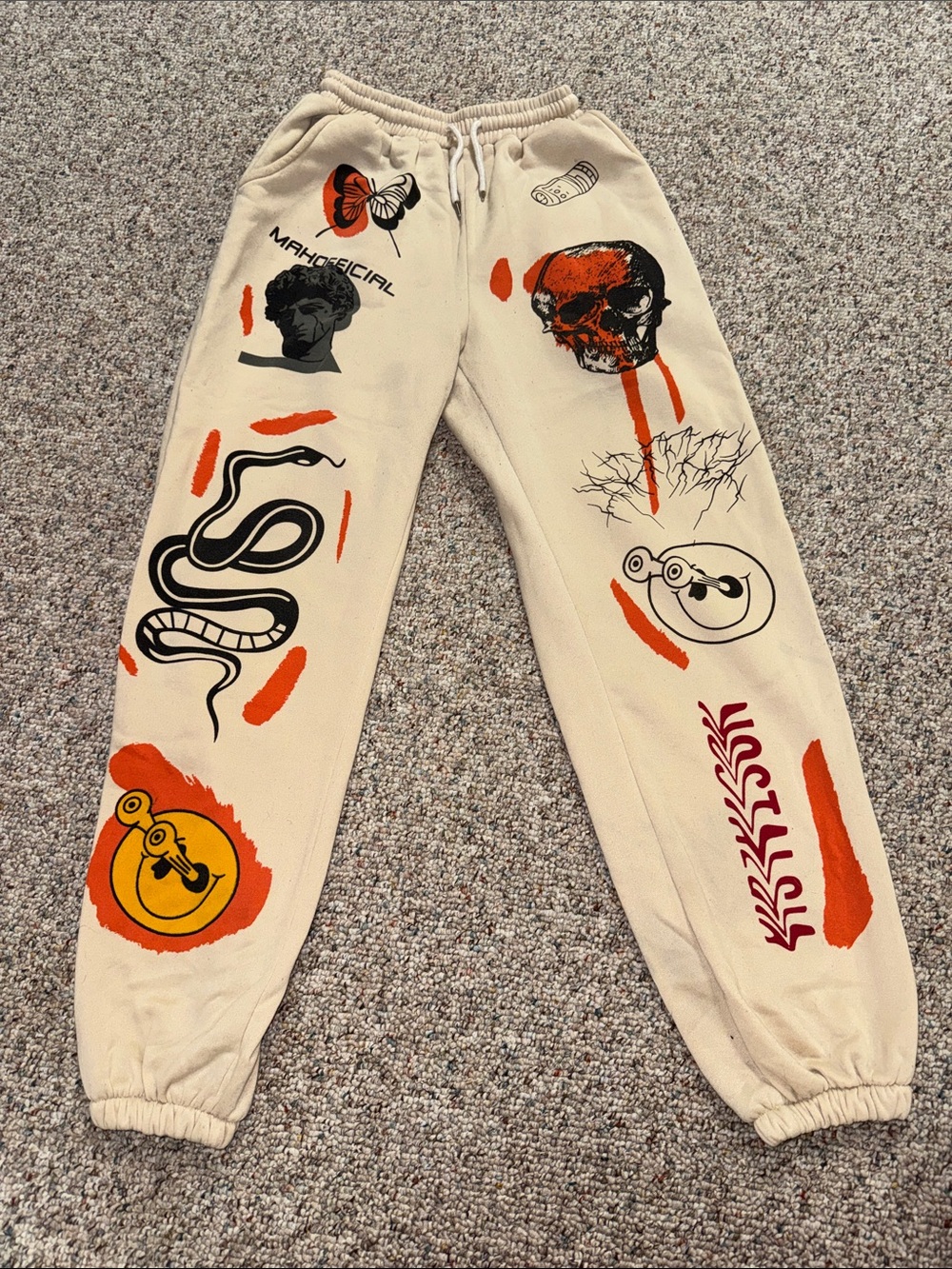 Source Unknown Cream Graphic Jogger Sweatpants with Orange & Black Art